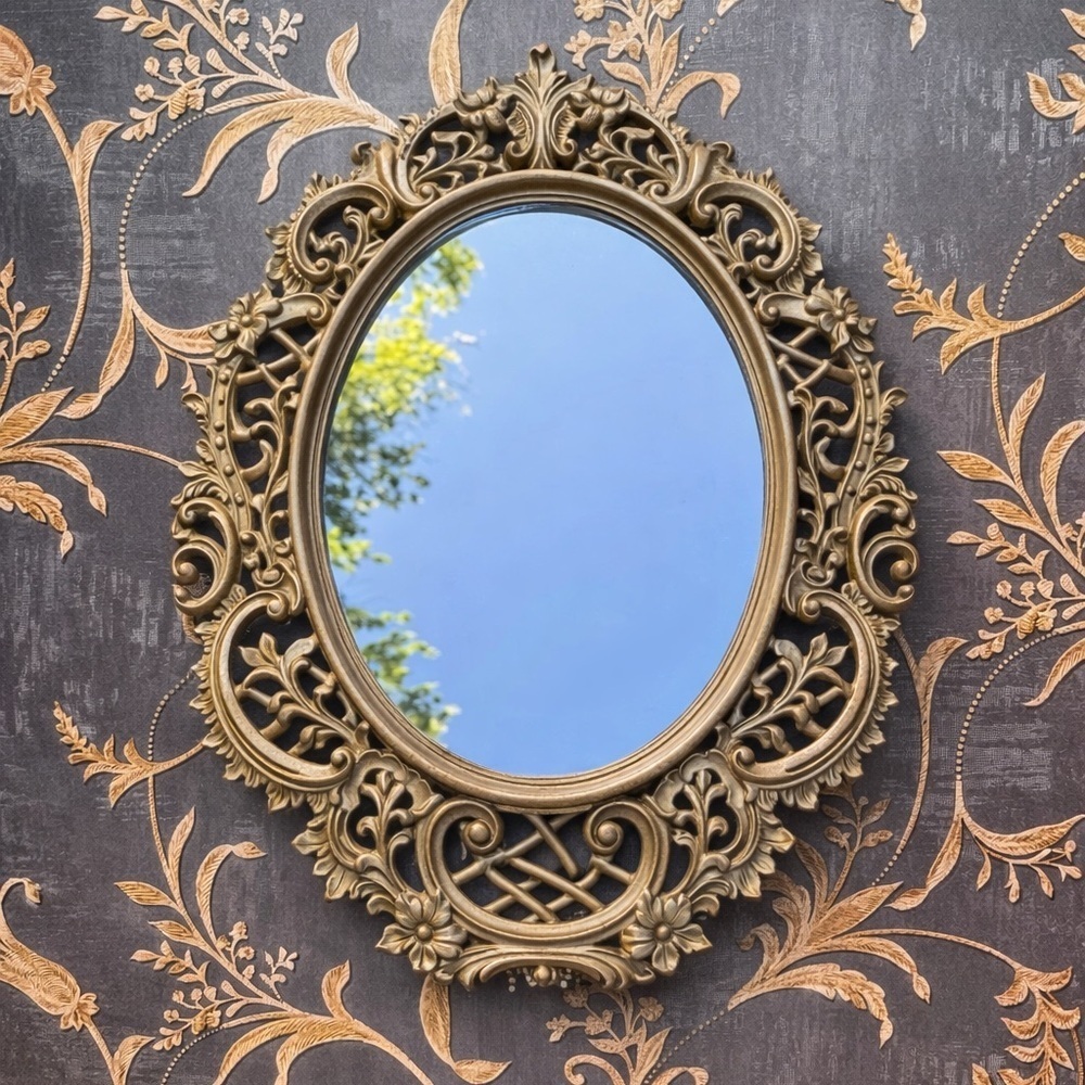Mid-Century Hollywood Regency Gold Ornate Mirror Wood Floral Velvet Back 18x14”